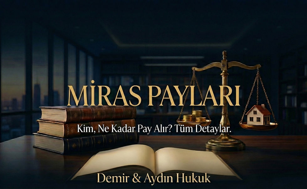 Miras payları ve miras hukuku konulu, üzerinde adalet terazisi, hukuk kitapları ve ev figürü bulunan Demir & Aydın Hukuk Bürosu blog kapak görseli.