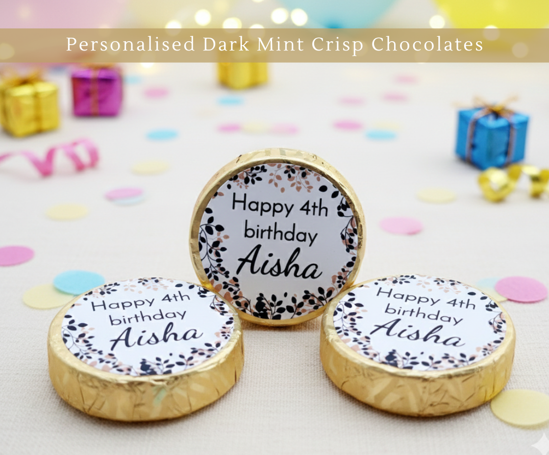 Personalised Black and Gold Leaves Dark Mint Crisps