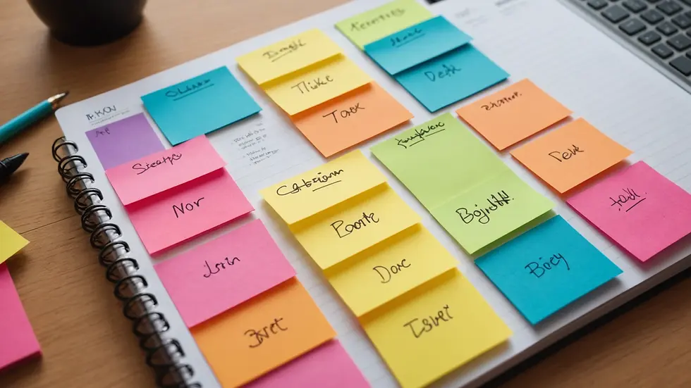 Eye-level view of a planner with colorful sticky notes