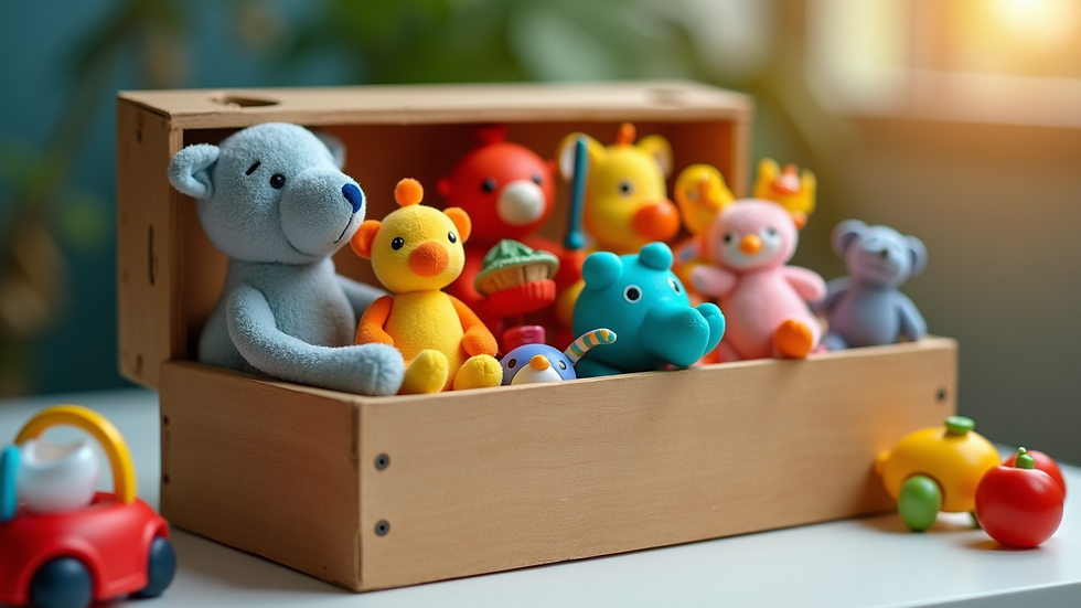 Close-up view of a colorful toy box filled with neatly organized toys