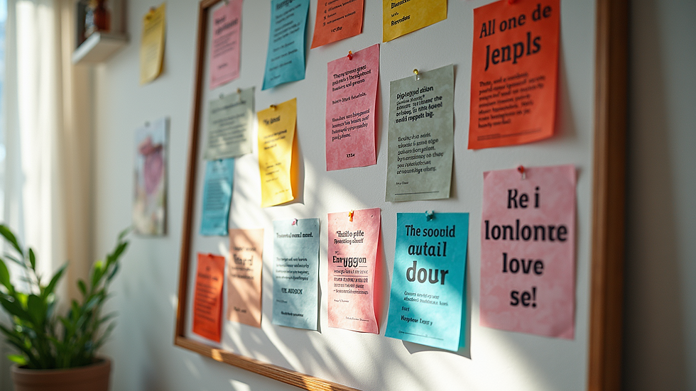 Close-up view of a vision board filled with inspiring images and quotes