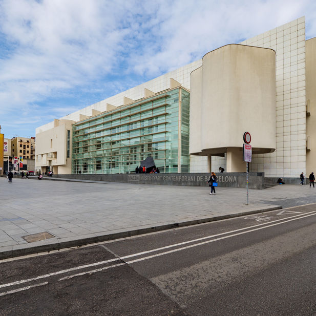 The modern white facade of the MACBA Museum of Contemporary Art in Barcelona, designed by Richard Meier
