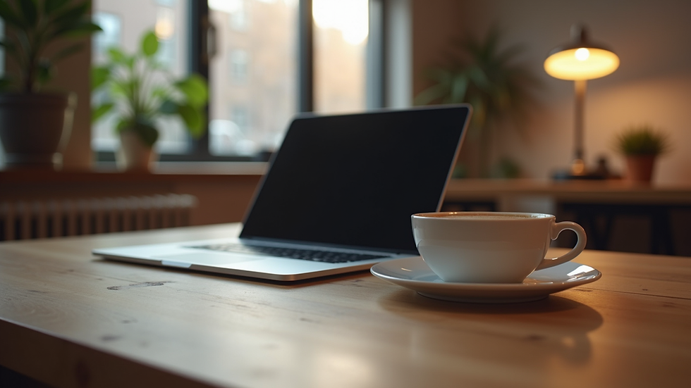 Eye-level view of a cozy coworking space with a laptop and coffee cup