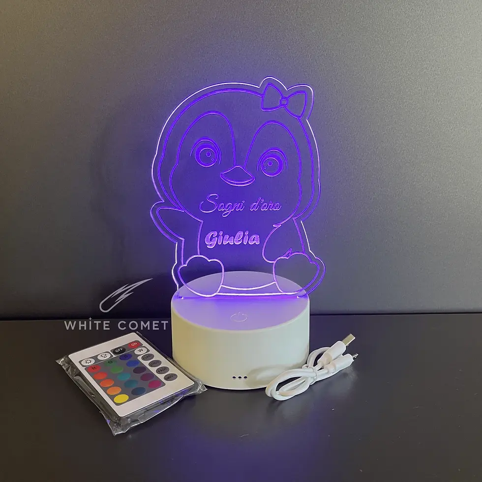 Miniatura: Lampada in plexiglass con base in plastica ABS, illuminata RGB, a forma di pinguino con incisione nome personalizzato