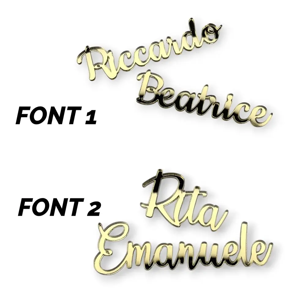 Miniatura: segnaposto sagoma nome plexiglass specchiato oro, nomi invitati, taglio laser