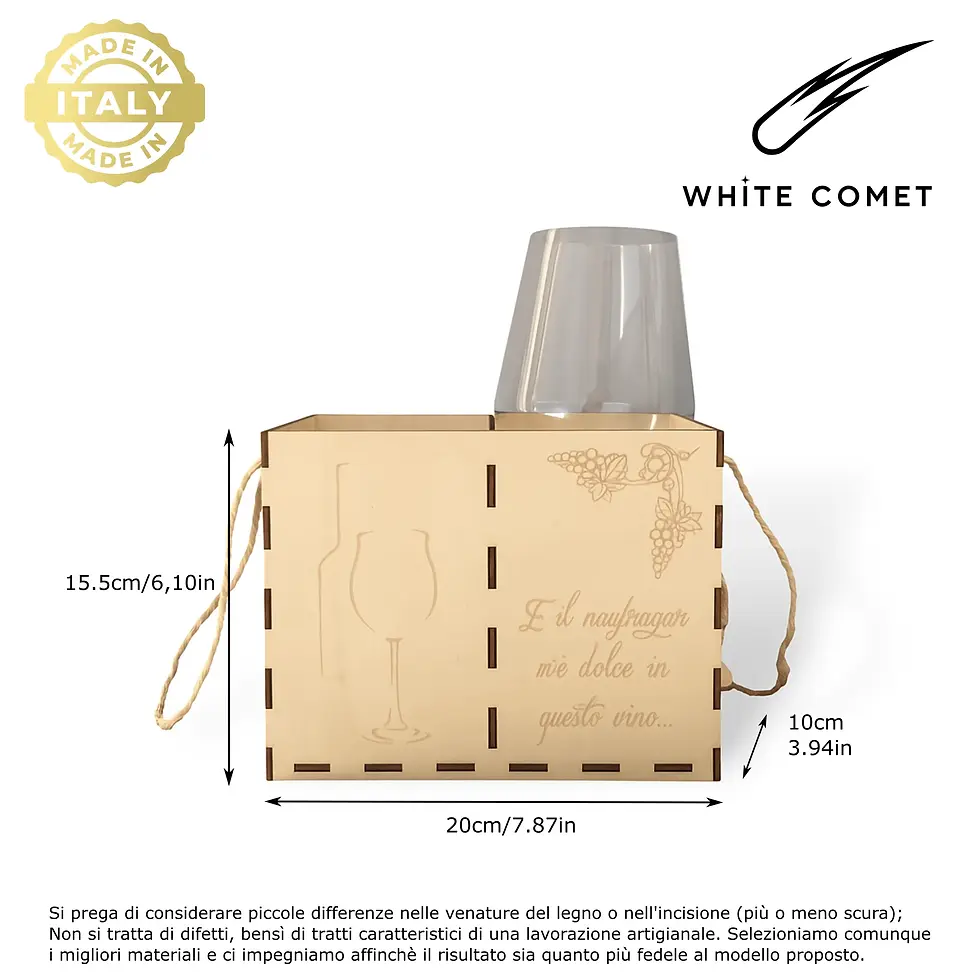 Miniatura: Portabottiglia in legno con incisione laser e calice in vetro, box regalo per vino artigianale con fessure dedicate