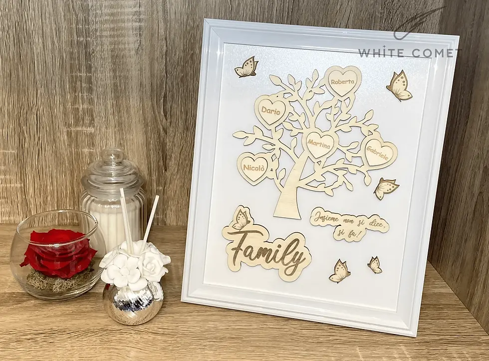 Miniatura: Cornice in plastica bianca e legno, con disegno albero della vita, cuoricini e nomi personalizzati