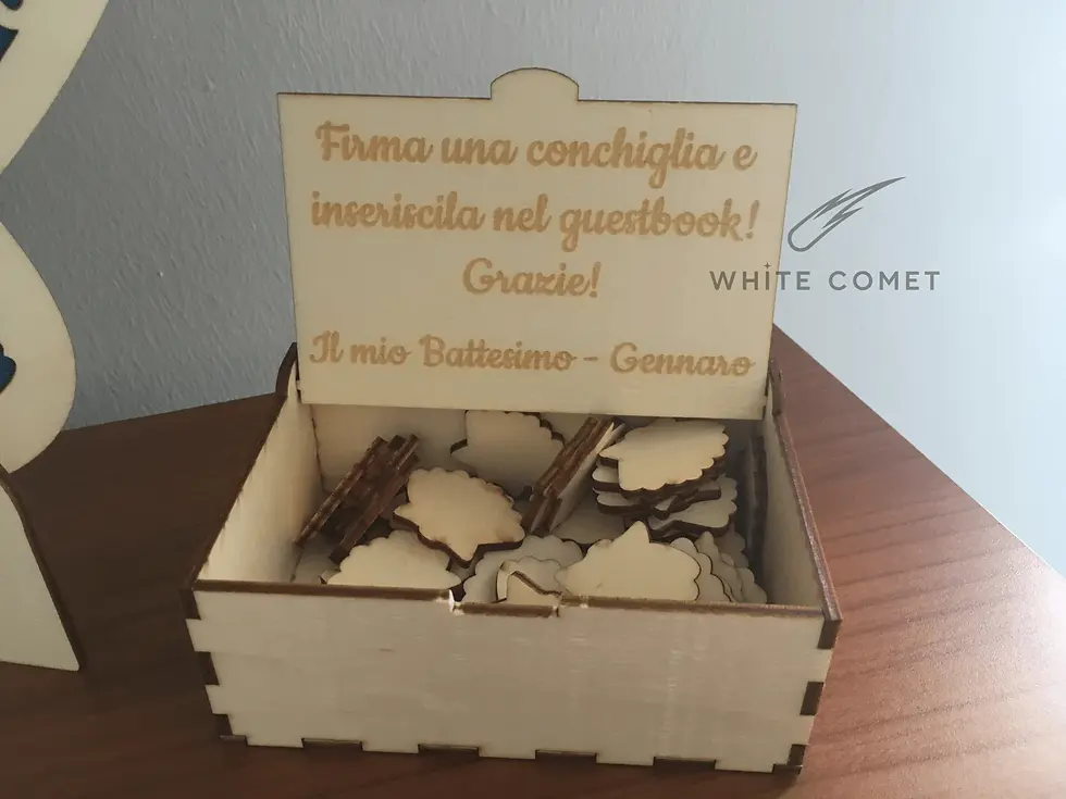 Miniatura: Guestbook Conchiglia Libro degli Ospiti, in legno, da firmare con penna, azzurro per battesimo