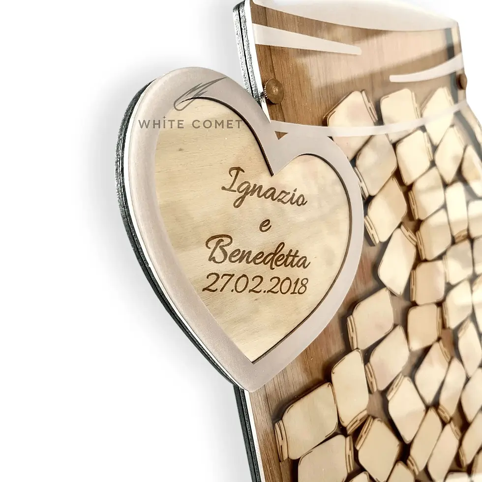 Miniatura: Guestbook libro degli ospiti in legno e plexiglass, inciso con nomi sposi e data, da firmare a penna