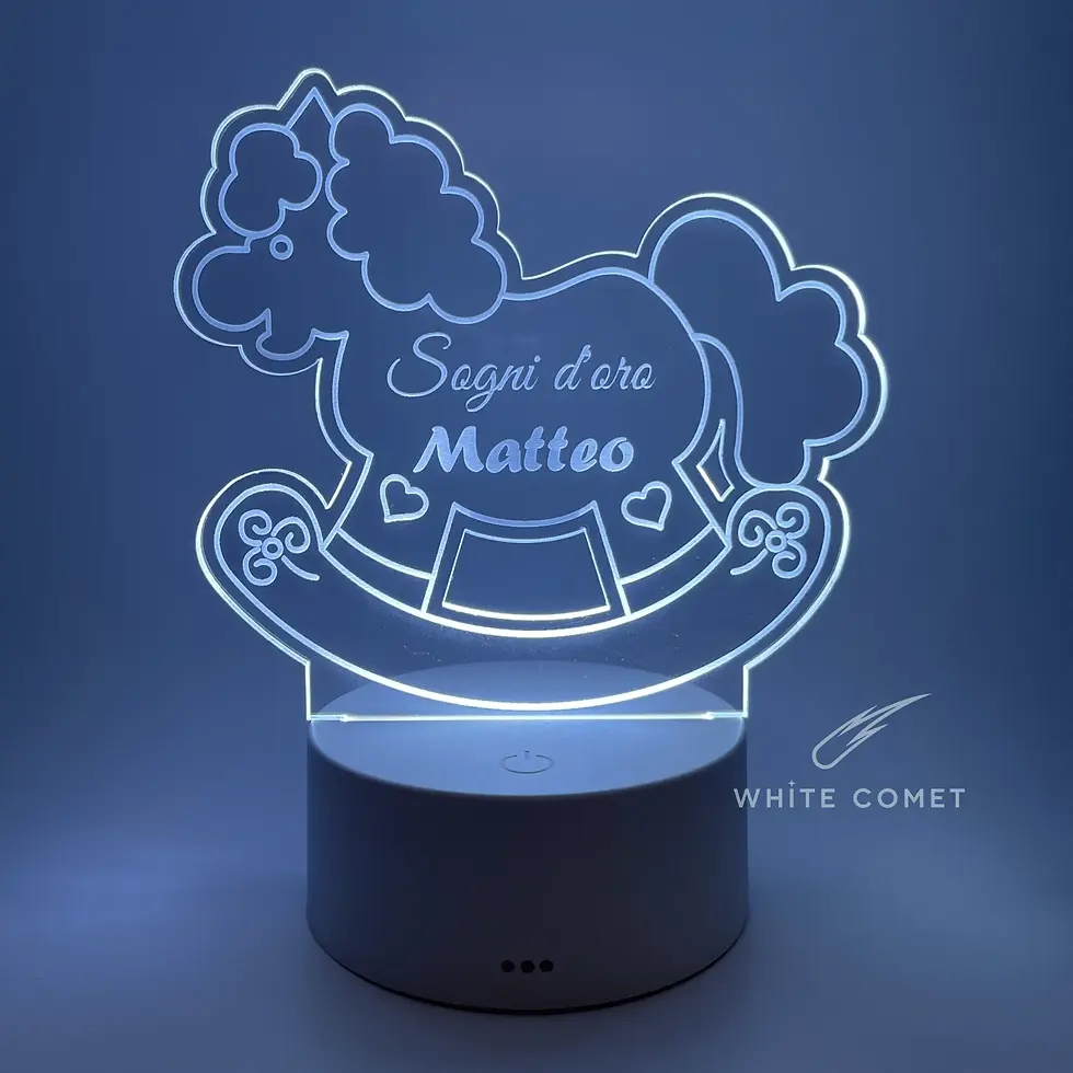 Miniatura: Lampada in plexiglass con base in plastica ABS, illuminata RGB, con sagoma cavalluccio a dondolo inciso laser