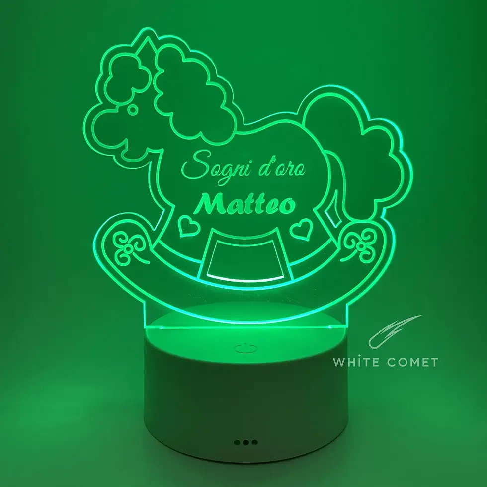 Miniatura: Lampada in plexiglass con base in plastica ABS, illuminata RGB, con sagoma cavalluccio a dondolo inciso laser