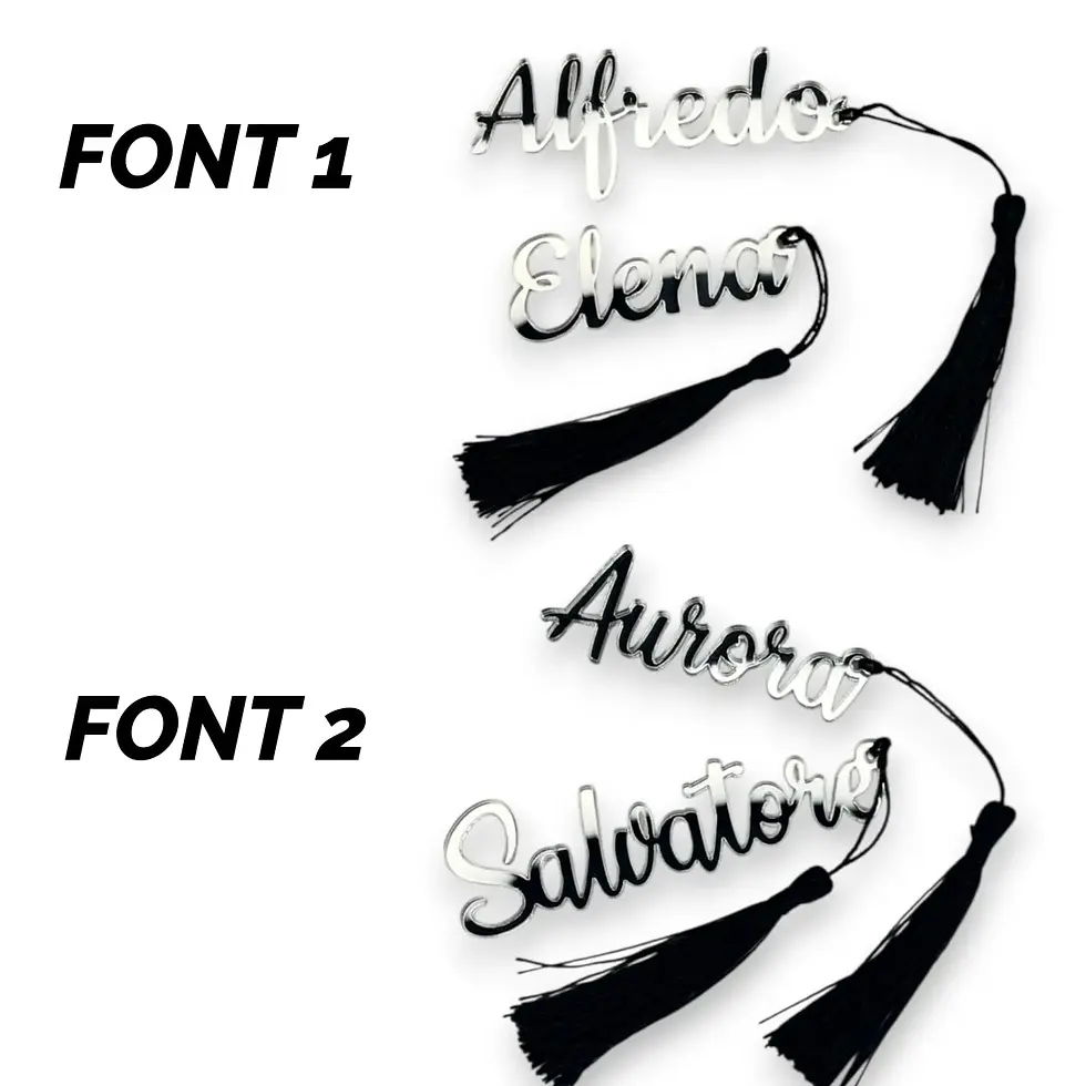 Miniatura: segnaposto sagoma nome in plexiglass specchiato argento con nappina, nomi invitati, taglio laser