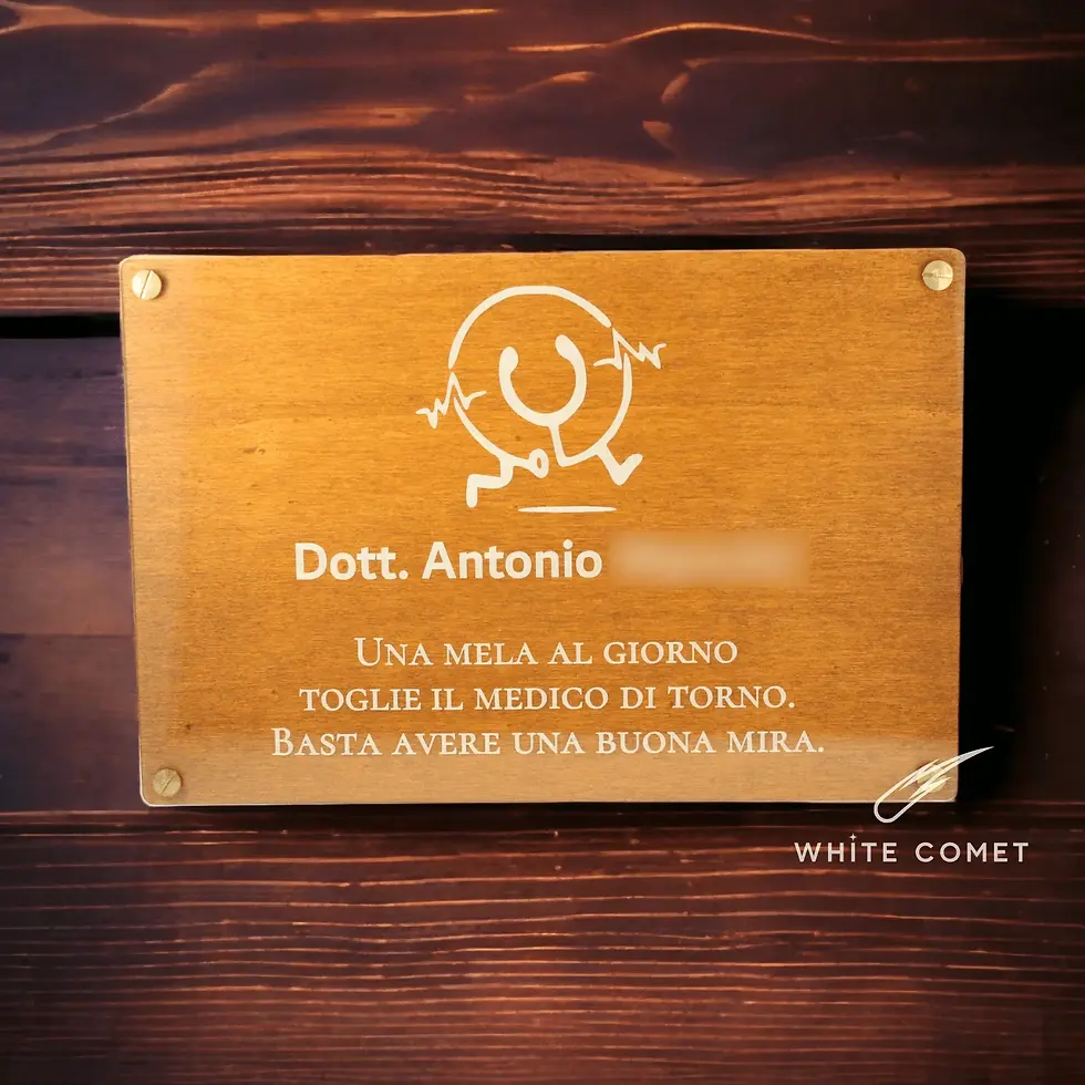 Miniatura: targa da interno, in legno tinto e plexiglass, con incisione logo e nome attività, descrizione, per ufficio