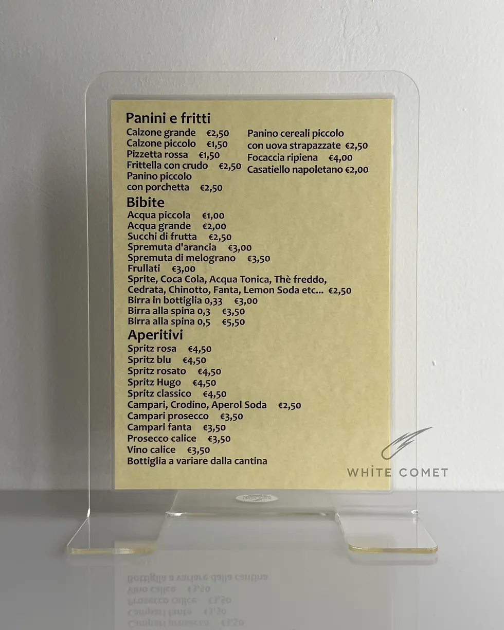 Miniatura: Espositore da banco in plexiglass trasparente formato A5 con foglio plastificato applicato, ideale per menù, listini e avvisi