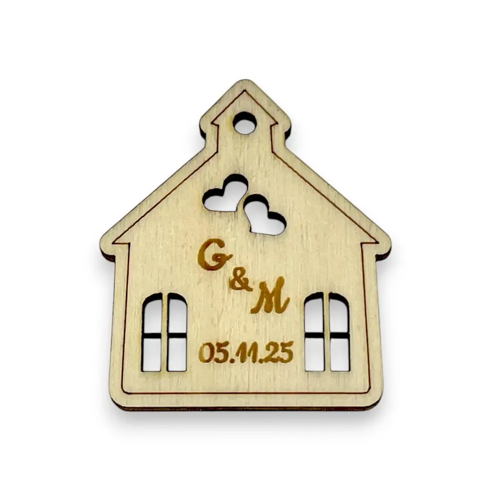 segnaposto in legno sagoma chiesa chiesetta, per matrimonio, inciso laser e personalizzato con nomi e data
