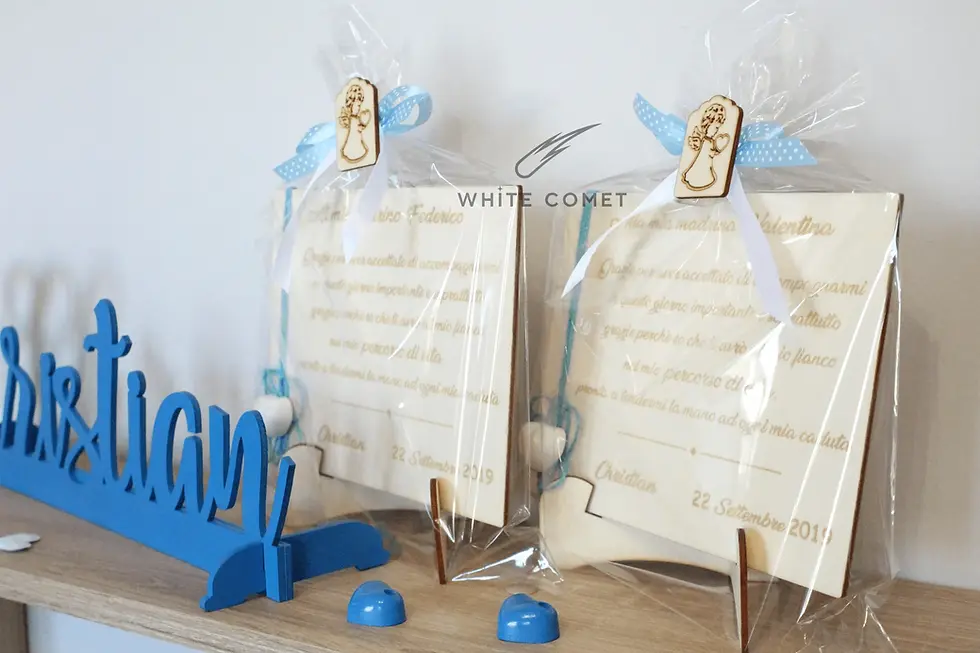 Miniatura: Nome in legno + Coppia targhe per padrino e madrina, confezionate