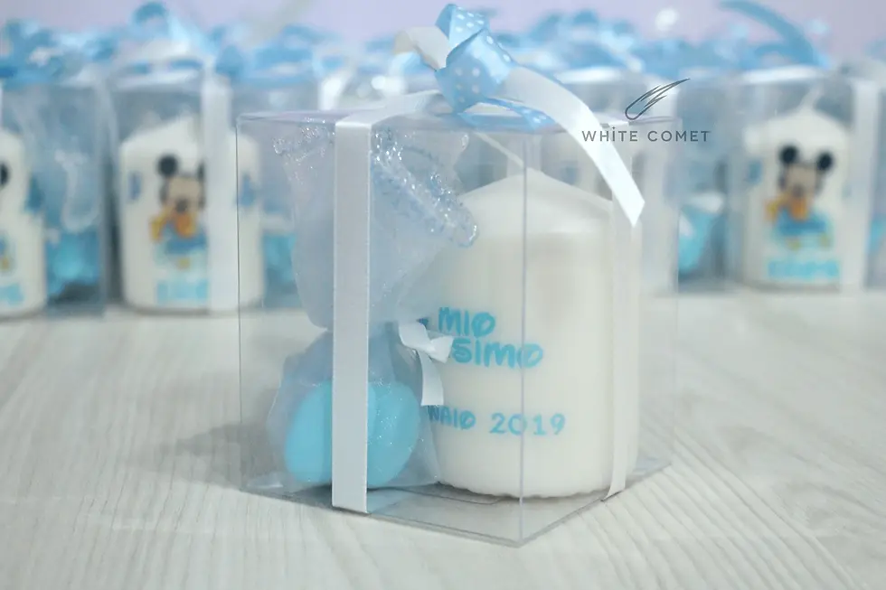 Miniatura: Candela stampata con sagoma topolino, personalizzato con nome e data, confezione in PVC rigido