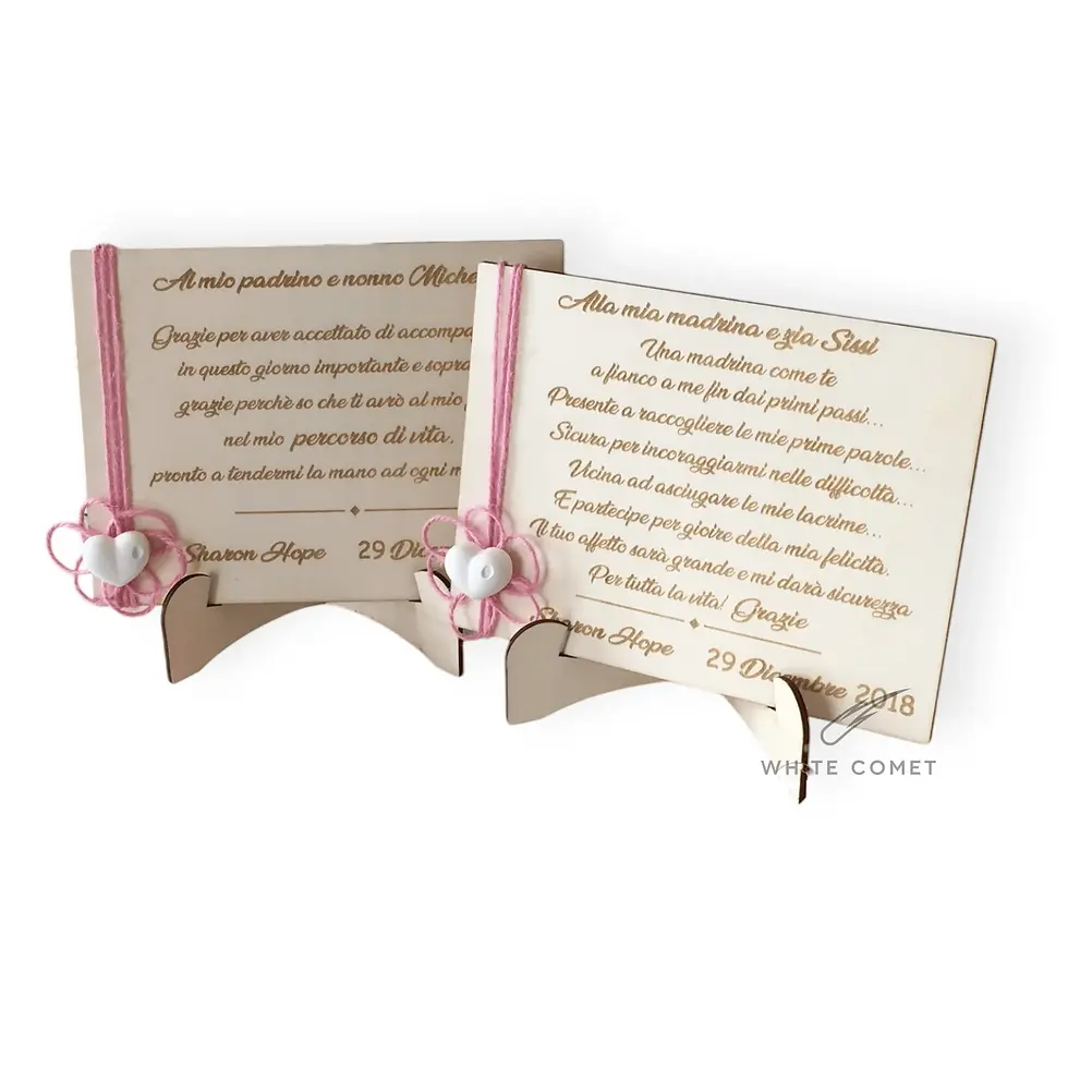 Miniatura: Coppia di targhe ringraziamento in legno con gessetto e spago, personalizzate con nome, per padrino e madrina, battesimo