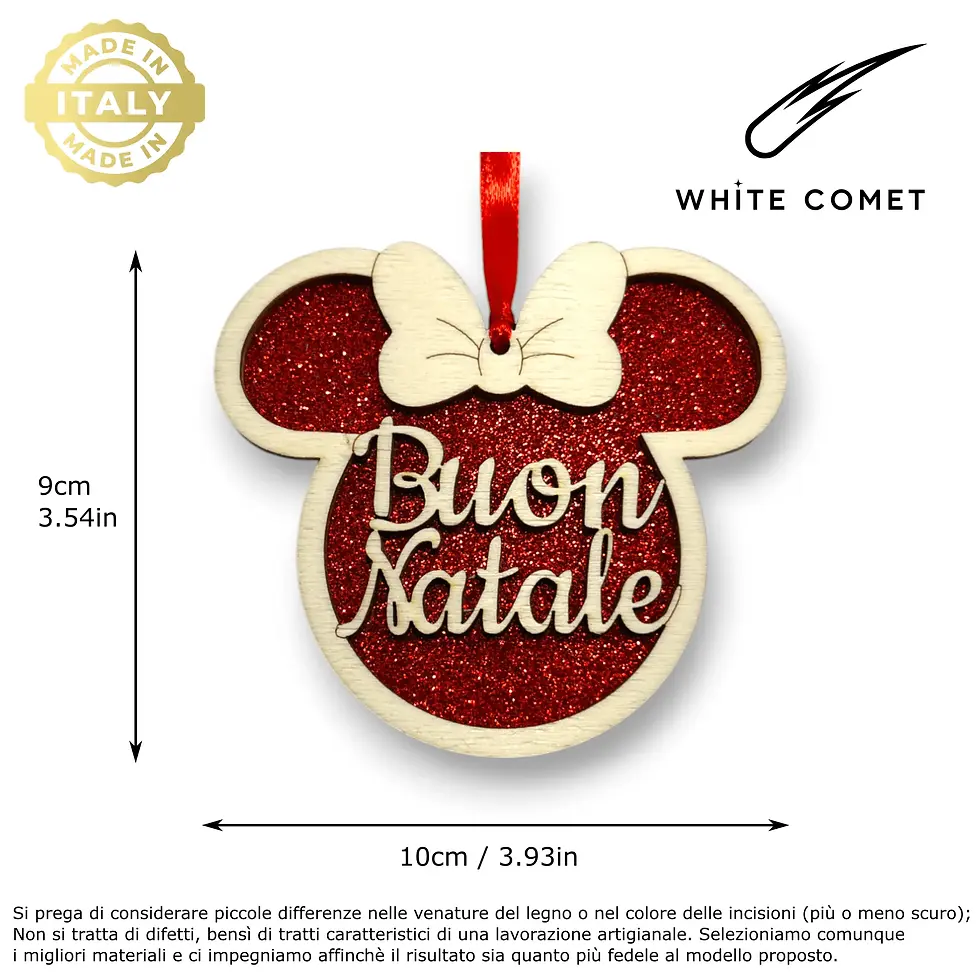 Miniatura: Decorazione pallina natalizia legno a forma topolino Buon Natale, sfondo glitterato azzurro e nastro in raso