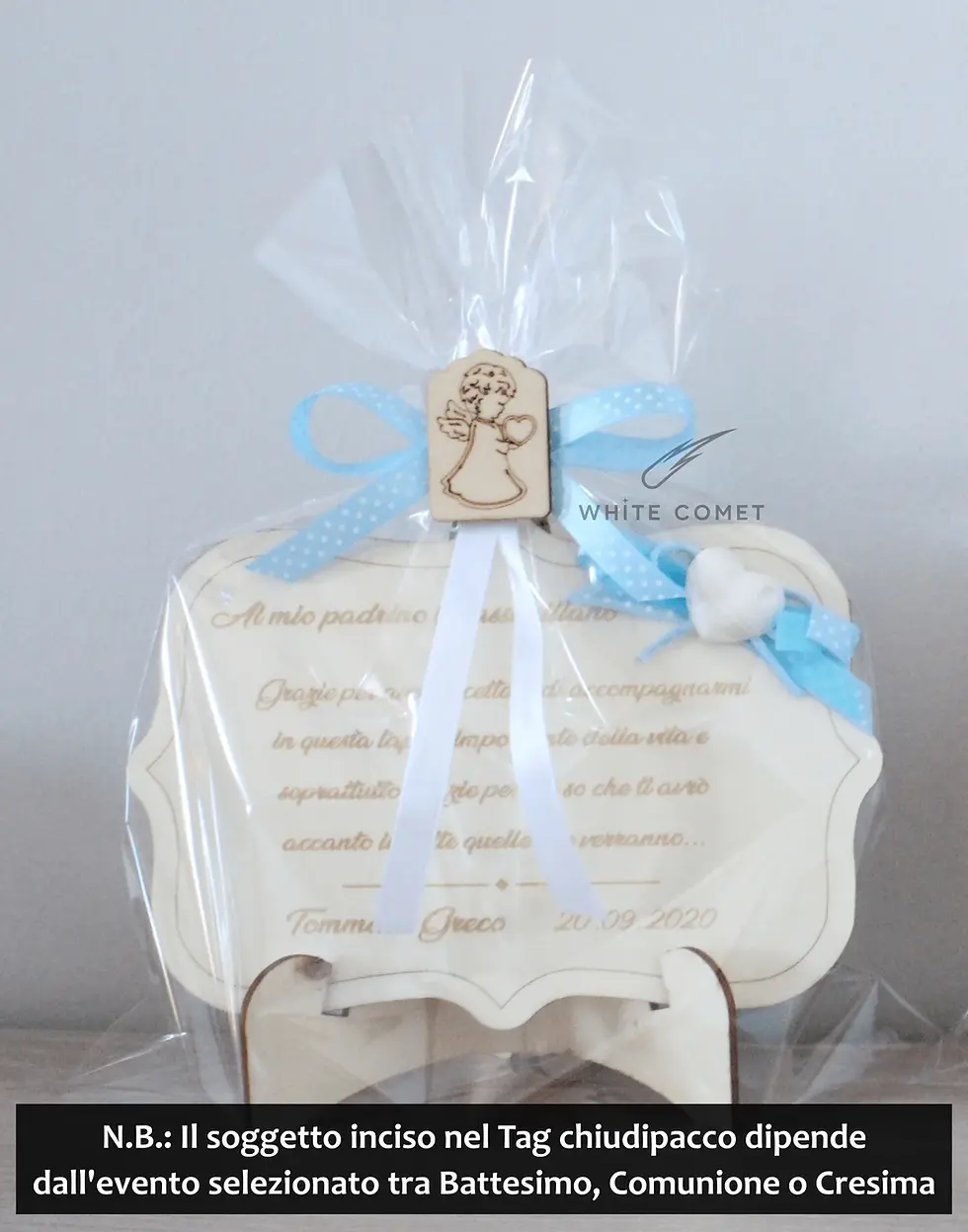 Miniatura: targa in legno con gessetto e fiocchi, personalizzata con nome, per padrino e madrina, battesimo