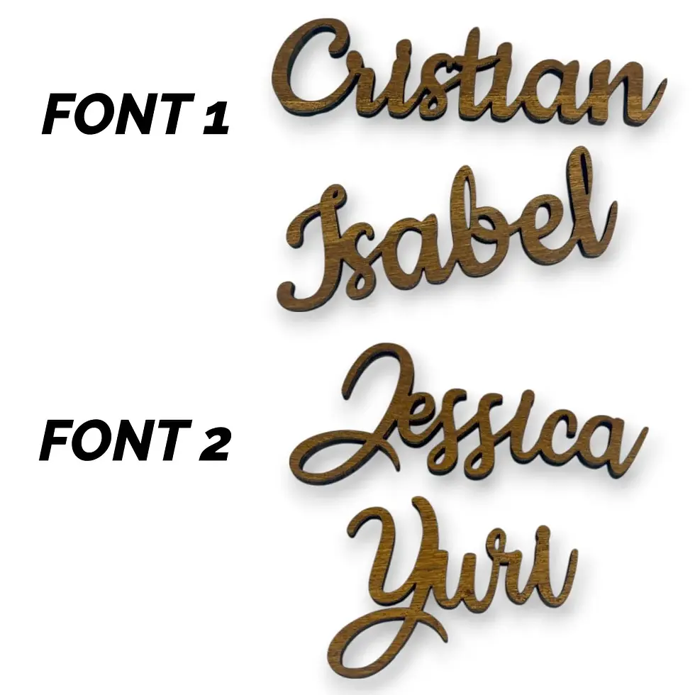 Miniatura: segnaposto sagoma nome in legno, nomi invitati, taglio laser, legno scuro