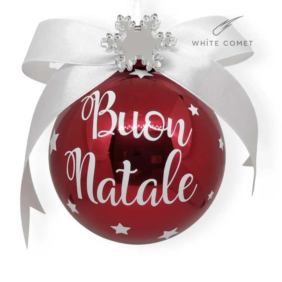 Pallina di Natale in vetro rosso con scritta “Buon Natale”, fiocco bianco e charm fiocco di neve in plexiglass specchio