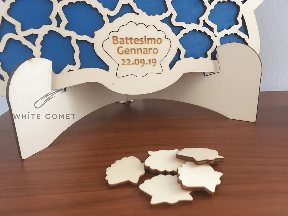 Miniatura: Guestbook Conchiglia Libro degli Ospiti, in legno, da firmare con penna, azzurro per battesimo