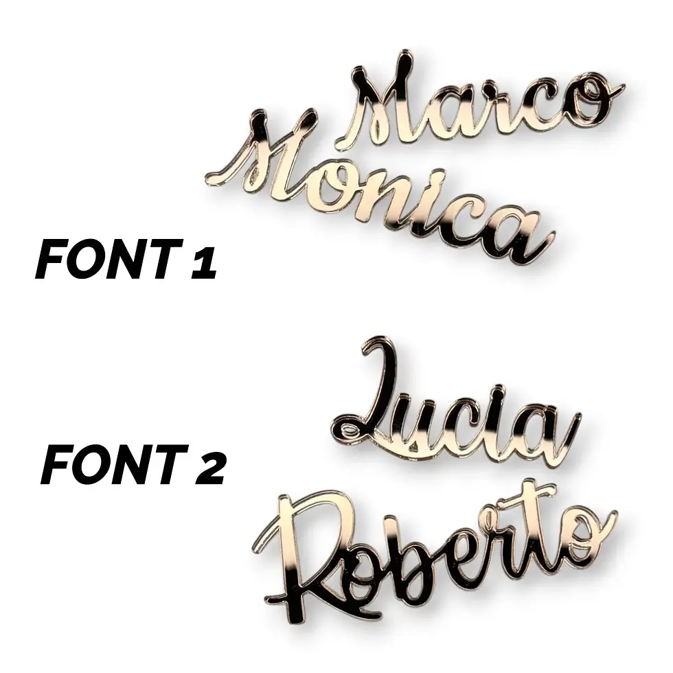 Miniatura: segnaposto sagoma nome plexiglass specchiato oro rosa, nomi invitati, taglio laser