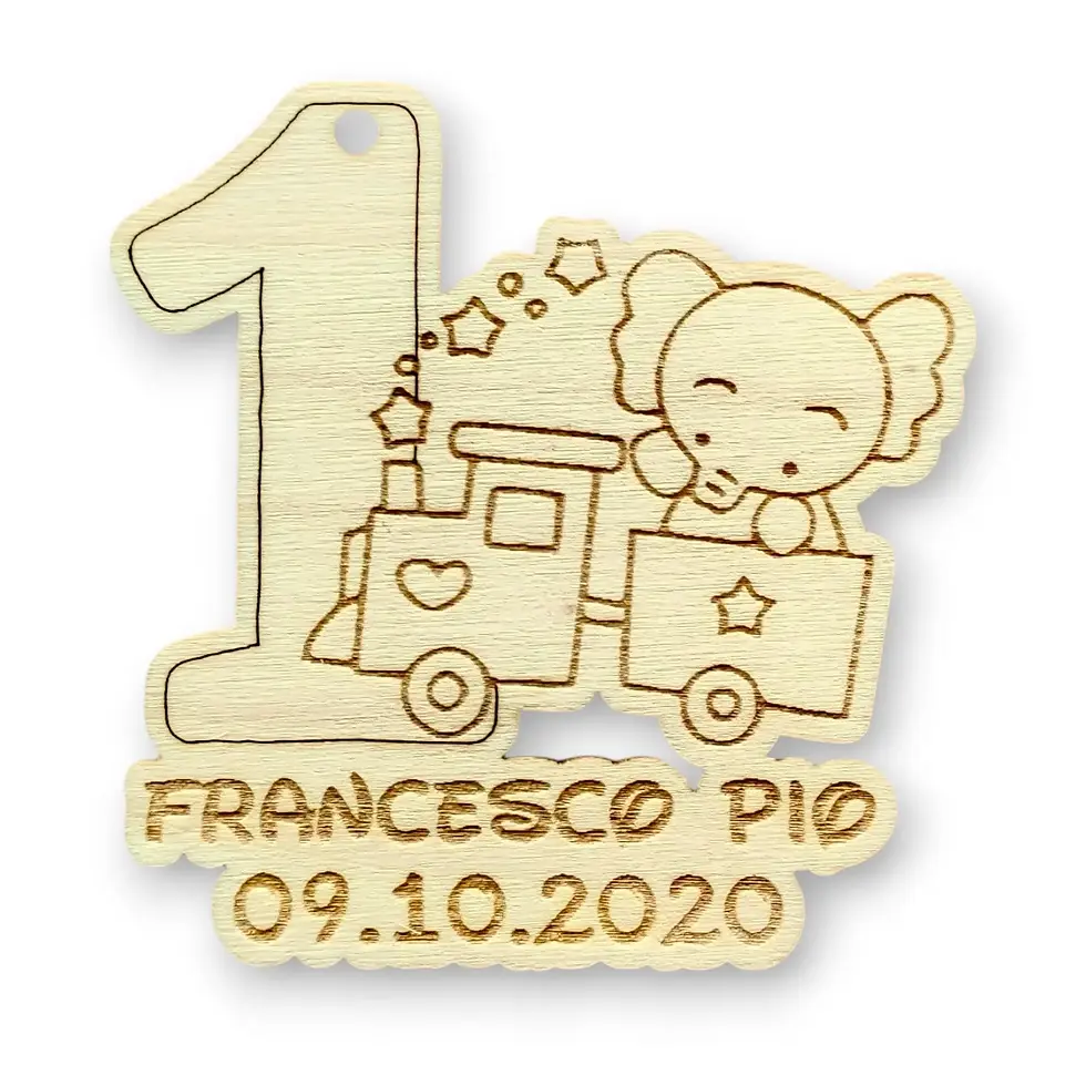 segnaposto in legno sagoma 1 anno con trenino, personalizzato con nome e data, incisione e taglio laser, compleanni
