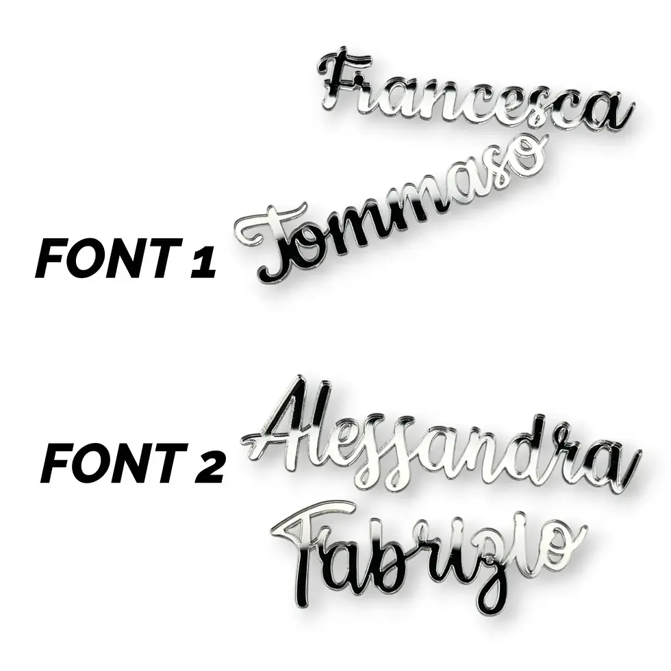 Miniatura: segnaposto sagoma nome plexiglass specchiato argento, nomi invitati, taglio laser