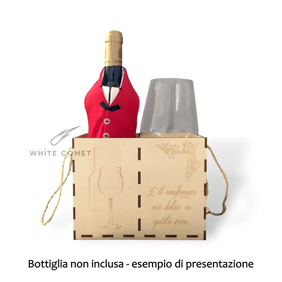 Miniatura: Portabottiglia in legno con incisione laser e calice in vetro, box regalo per vino artigianale con fessure dedicate
