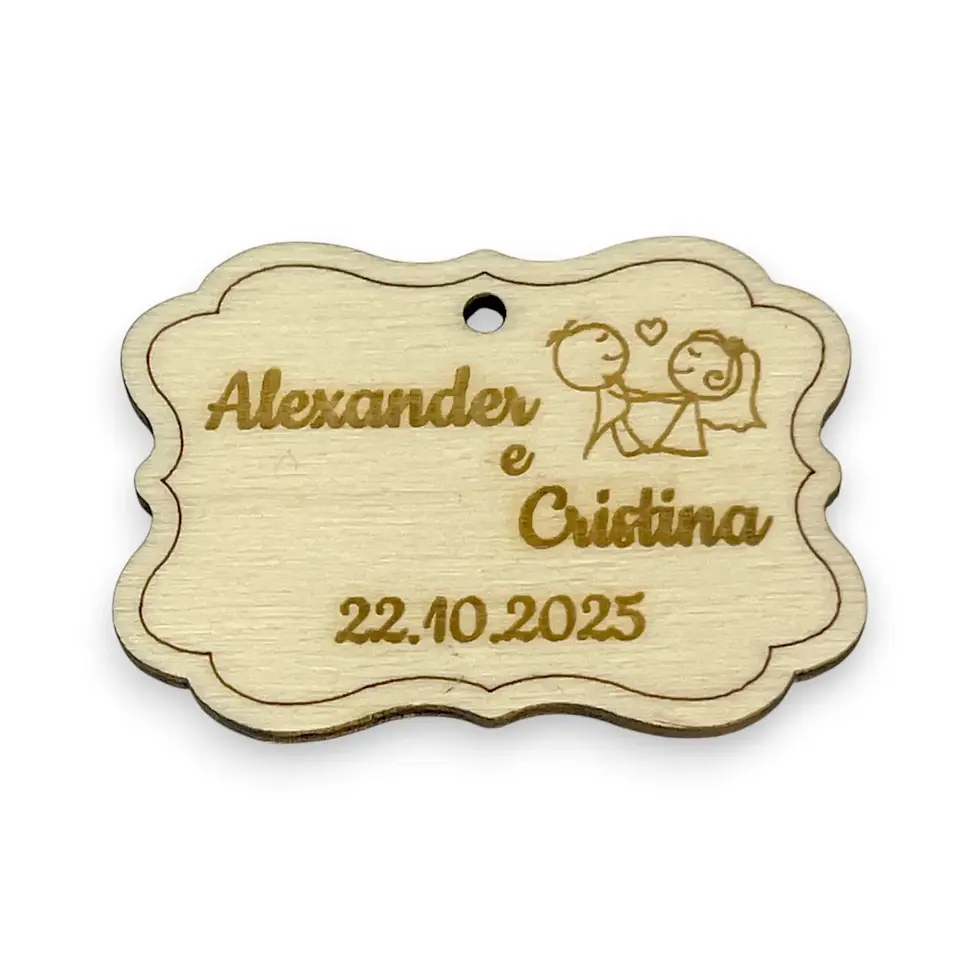 Miniatura: segnaposto in legno targhetta sposi, per matrimonio, inciso laser e personalizzato con nomi e data