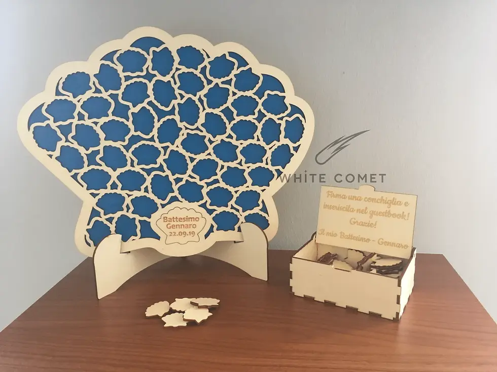 Miniatura: Guestbook Conchiglia Libro degli Ospiti, in legno, da firmare con penna, azzurro per battesimo