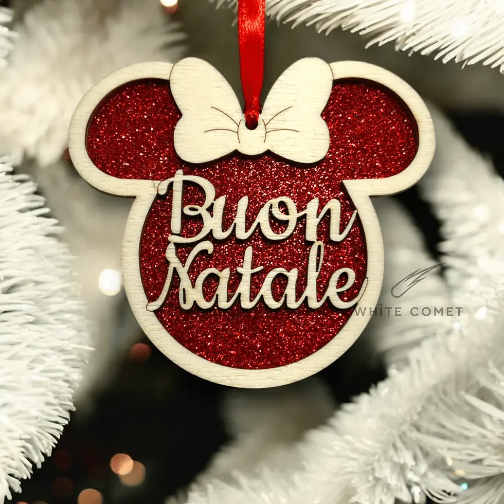 Miniatura: Decorazione pallina natalizia legno a forma topolino Buon Natale, sfondo glitterato azzurro e nastro in raso