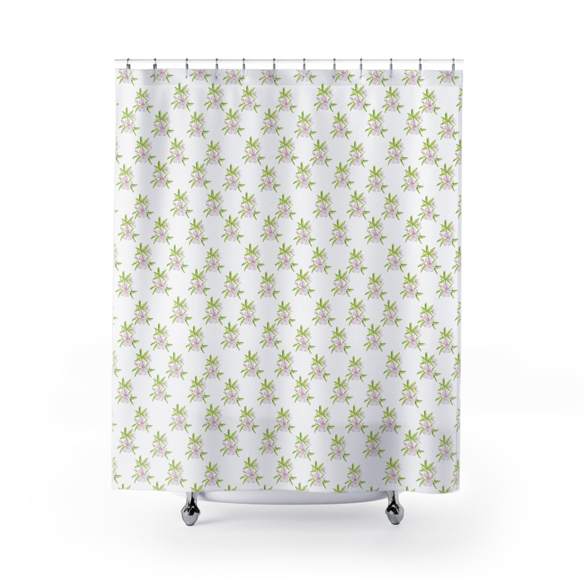 Floral Watercolor Shower Curtain — Soft Pink & Green Blossom Pattern