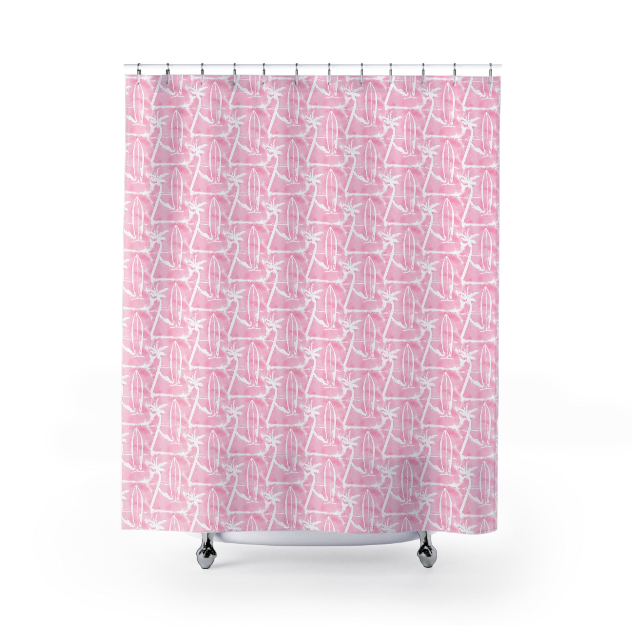 Pink Surfboard & Palm Shower Curtain - Tropical Beach Bathroom Decor