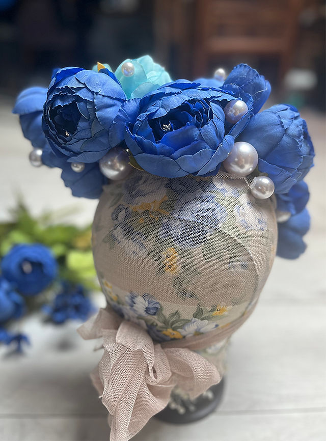 Royal blue peony flower crown with pearls