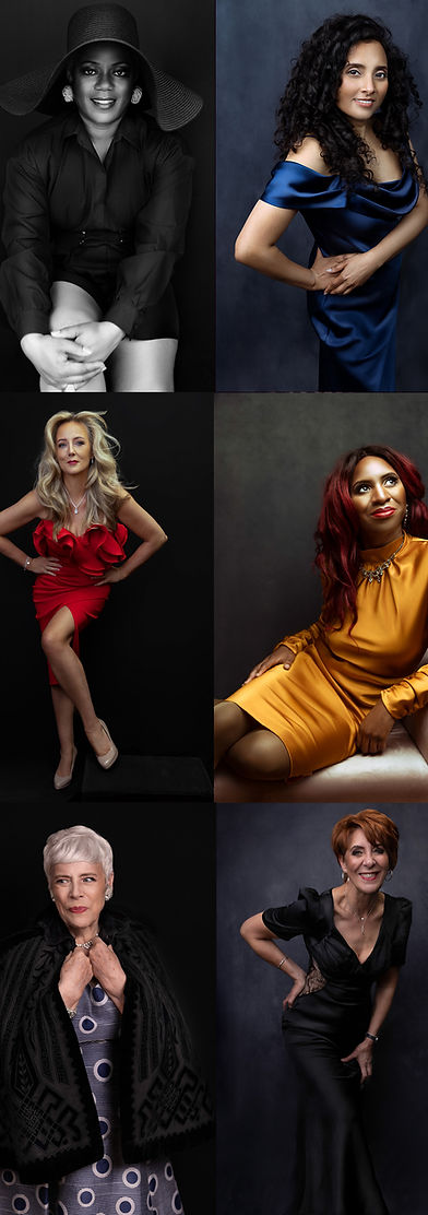 Six empowering studio portraits of women over 40 by Vilija Skubute, showcasing diverse styles and expressions: from a dramatic black and white hat portrait, to bold dresses in navy, red, gold, and classic black, highlighting beauty, strength, and elegance at every age.