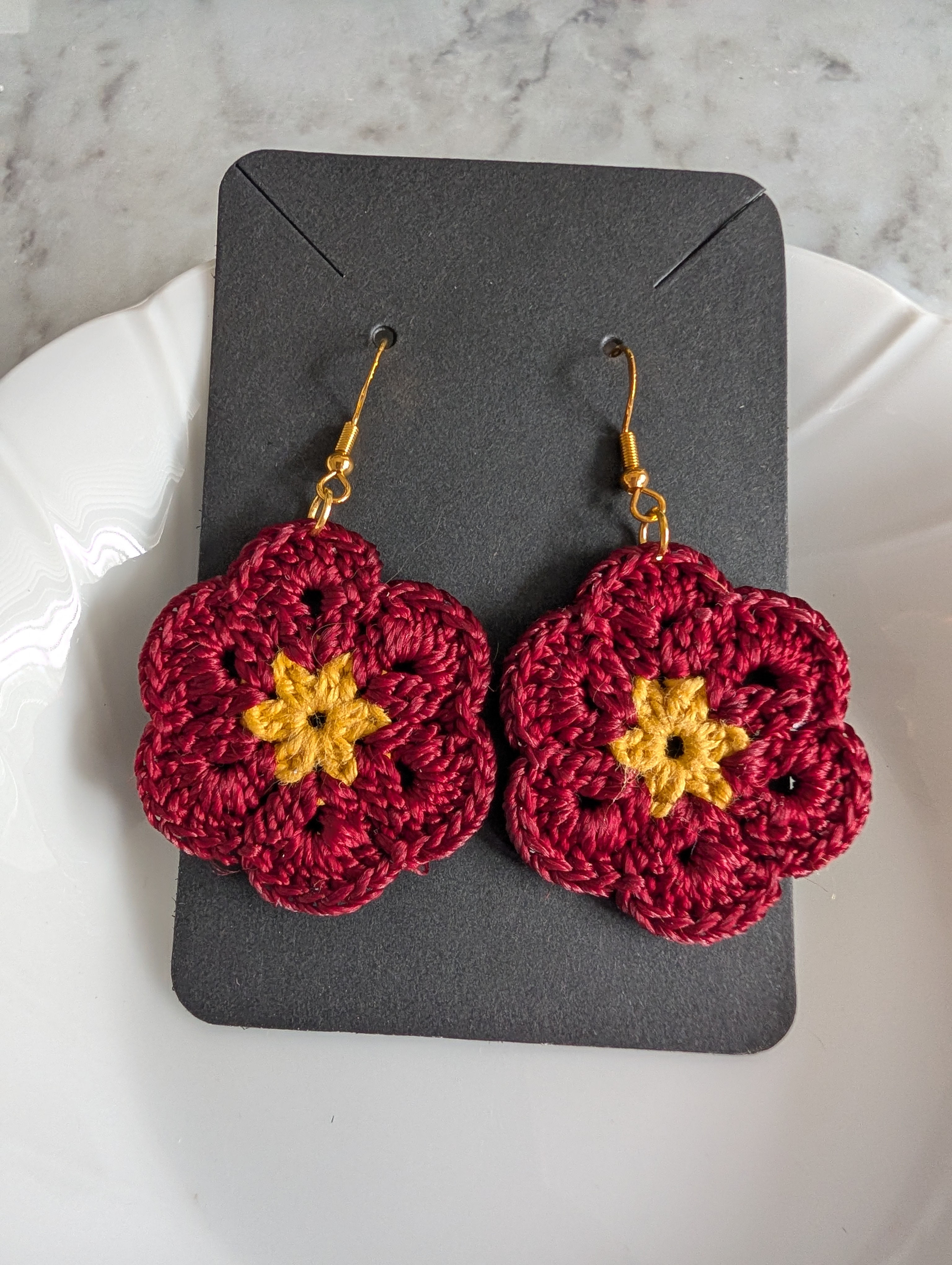 Maroon Crochet Flower Dangle Earrings