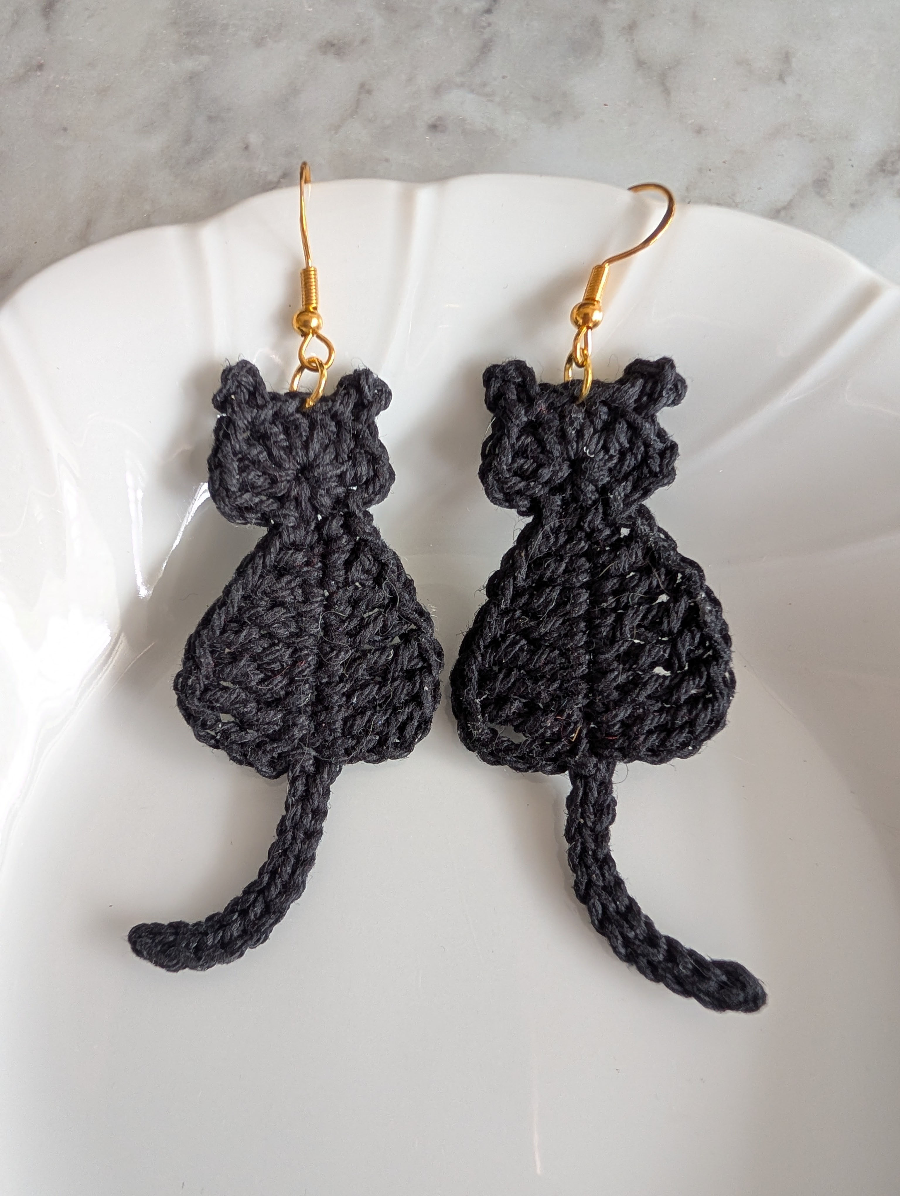 Cute black cat cotton crochet dangle earrings - sterling silver hooks