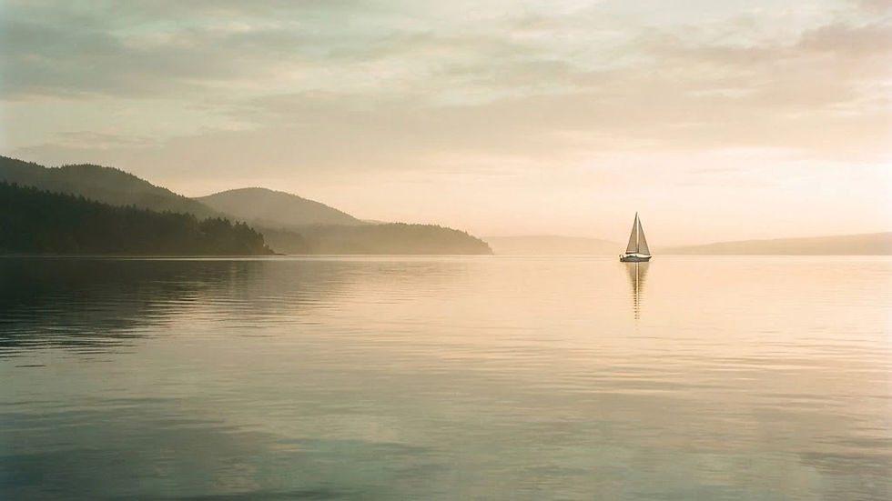 tranquil body of water, the soft glow of sunrise, utilizing a soft sage green color pallat