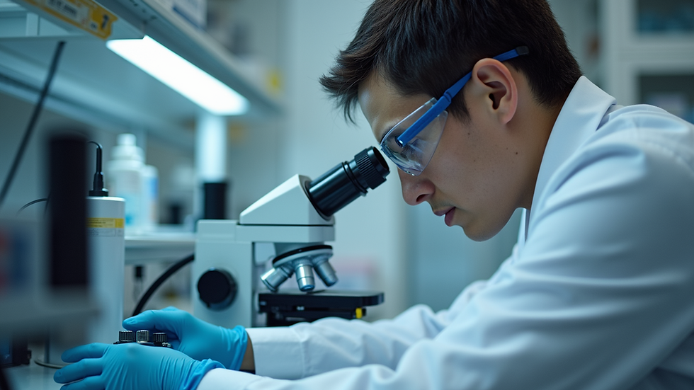 Eye-level view of a laboratory technician calibrating scientific instruments