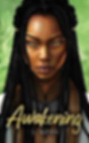 A woman with long braids stares intently against a green background. The word "Awakening" and "J. Ross" are written in gold below.