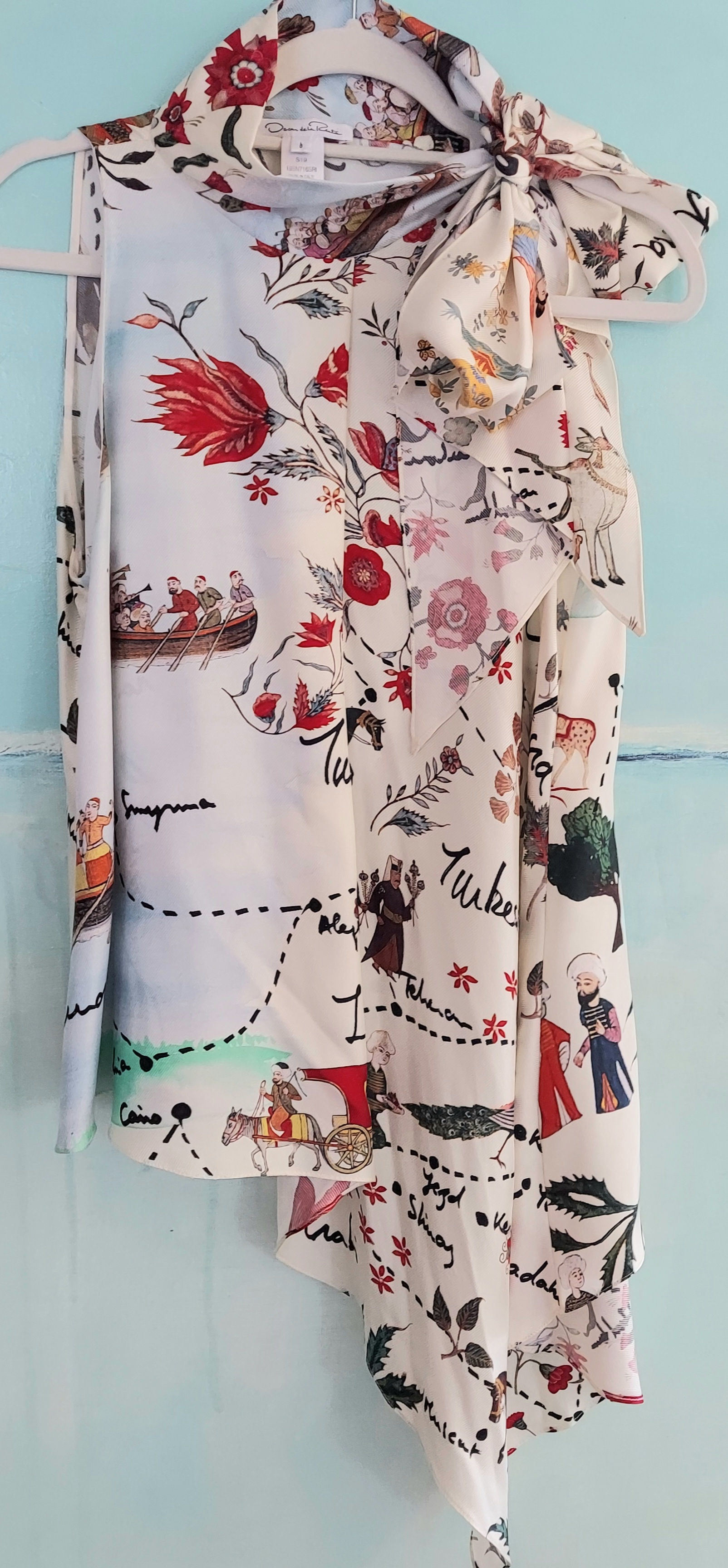US 8 $1,990 OSCAR DE LA RENTA FLORAL SILK BOW BLOUSE