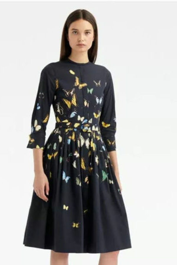 US 14 $2,300 NEW OSCAR DE LA RENTA NAVY BLUE BUTTERFLY LONG SLEEVE MIDI DRESS