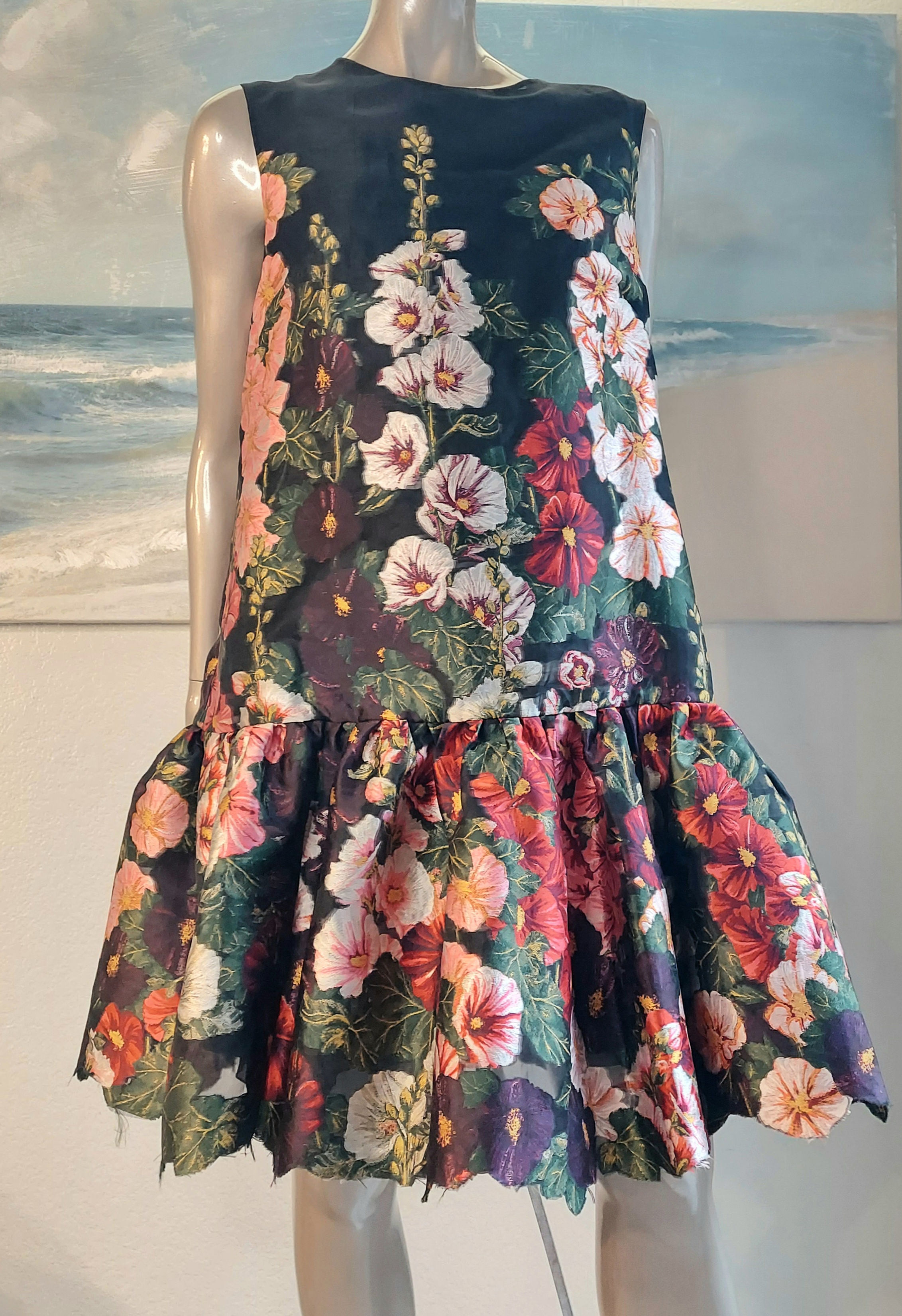 US 12 $4,990 NEW OSCAR DE LA RENTA HOLLYHOCKS EMBR DROP-WAIST FIL COUPE DRESS
