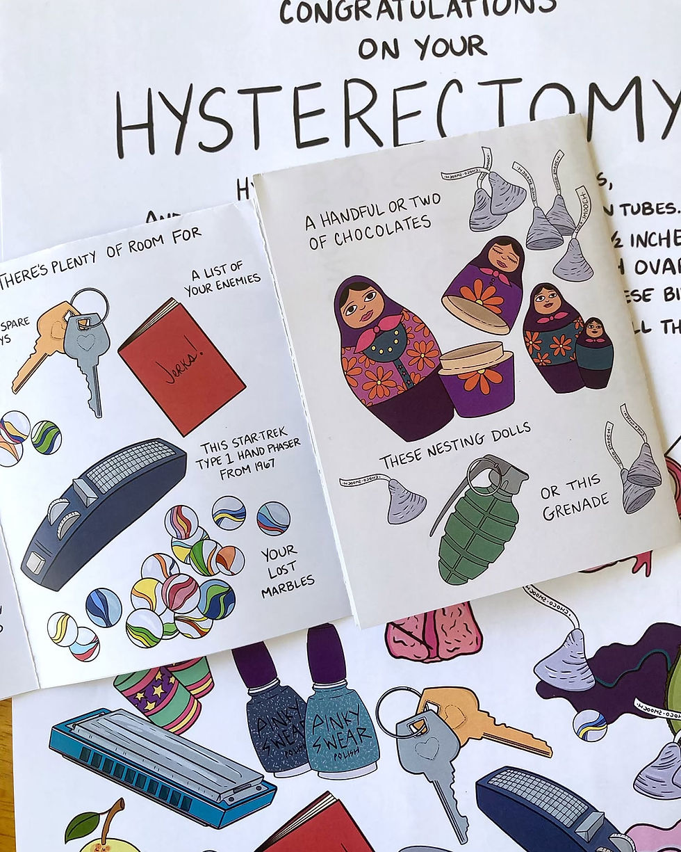 inner page of this colorful zine, a funny hysterectomy gift , showing cute items