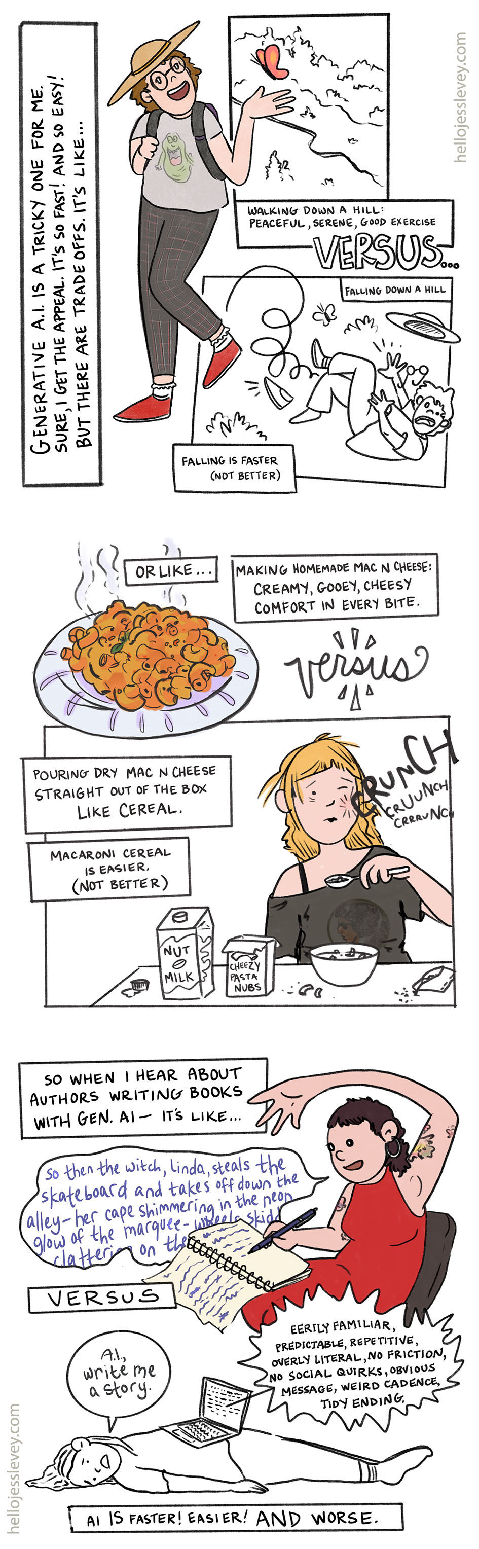 colorful comic, three panels, black line work, about AI art