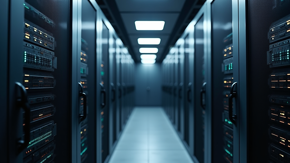Eye-level view of a server room with racks of network equipment