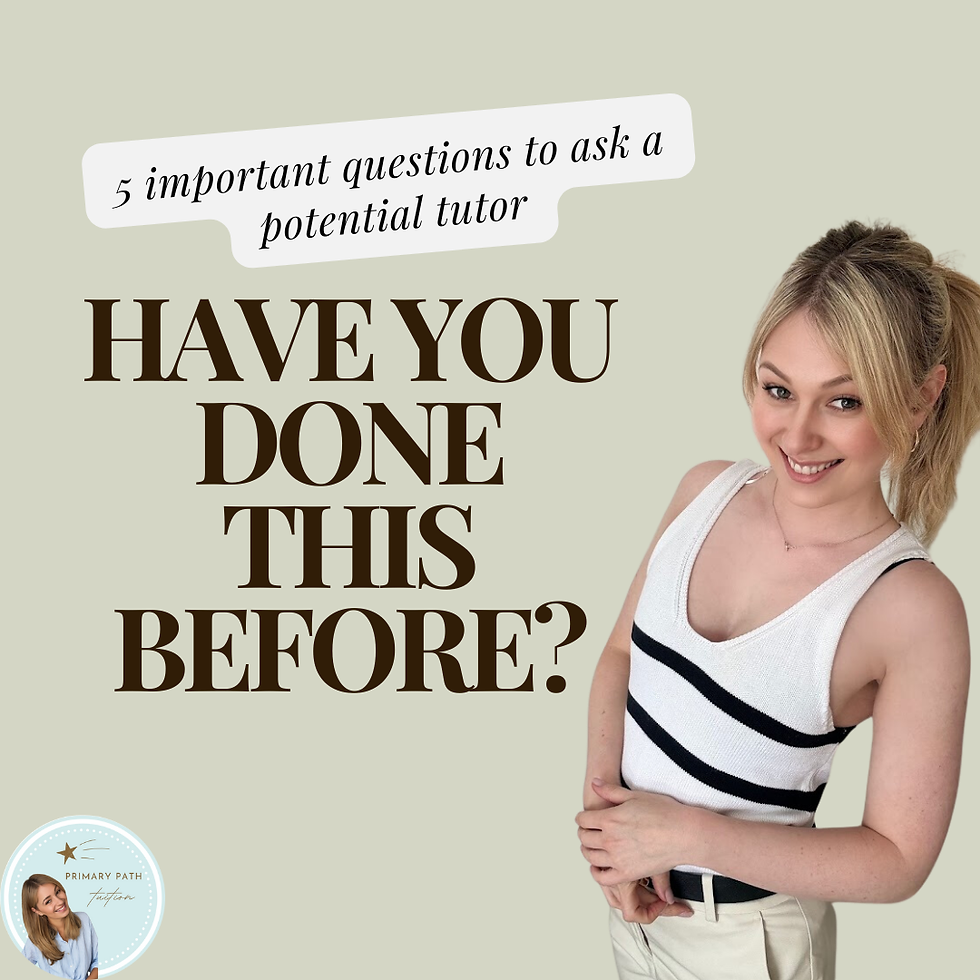 Smiling woman in a white tank top stands against a beige background. Text reads: "5 questions for a tutor: HAVE YOU DONE THIS BEFORE?"